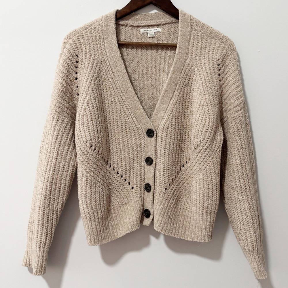 American Eagle Cardigan Women XS Tan Waffle Knit Pointelle Button Front Sweater